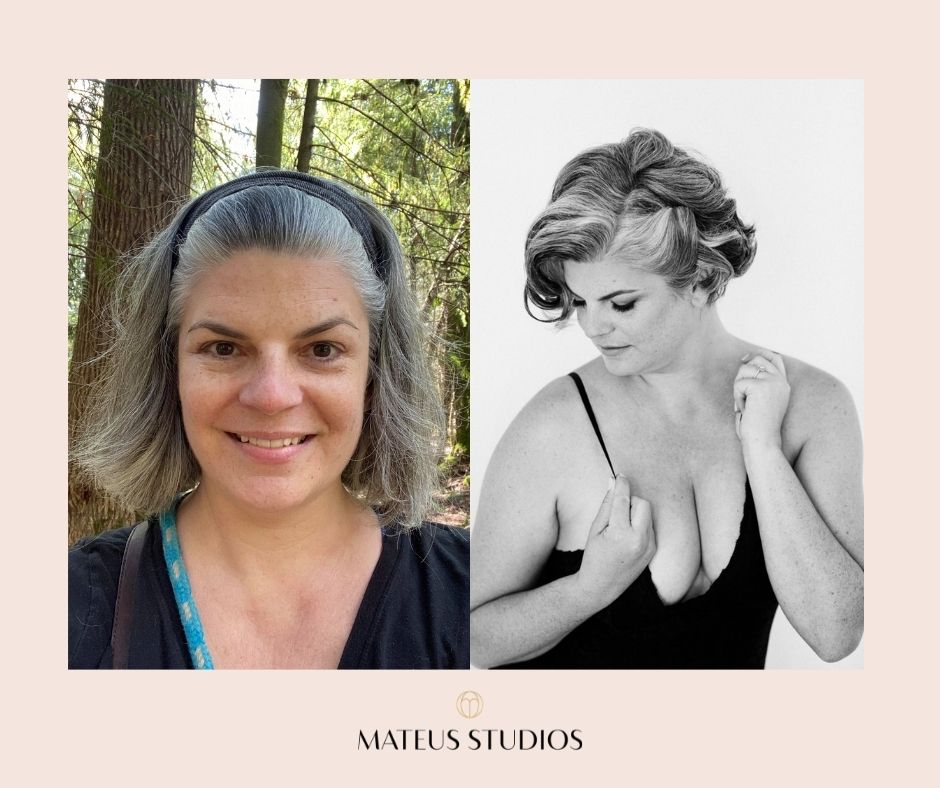 Woman on left makeup free gray hair. Woman on right has hair and makeup done in boudoir image wearing black lingerie