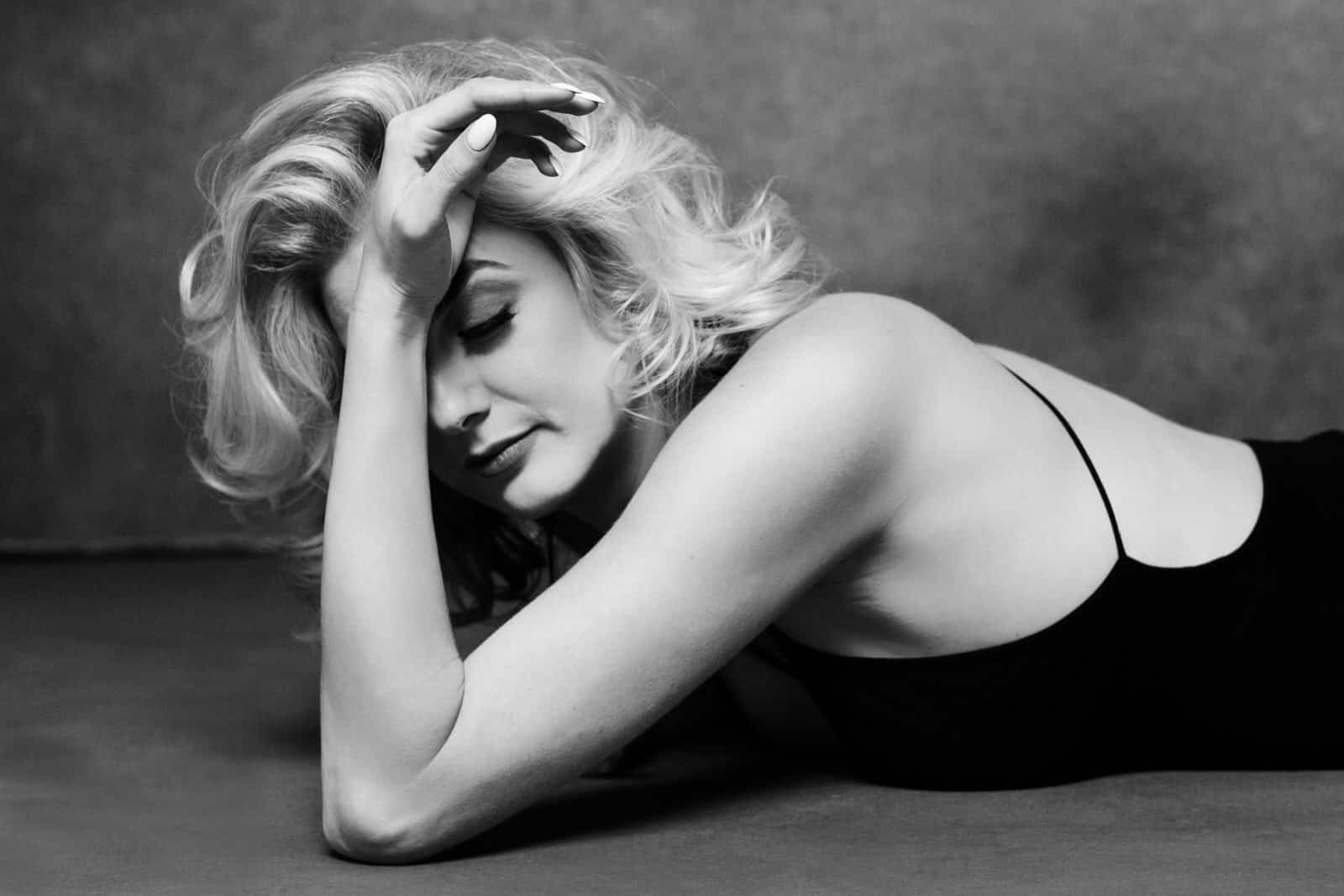 Vancouver Boudoir photoshoot with Black and white artistic timeless portraits of blonde woman with an edgy vibe
